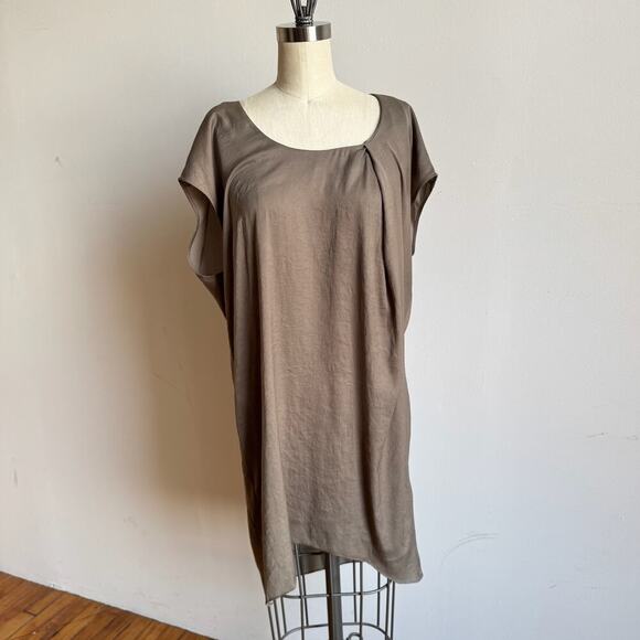 HELMUT LANG Minimalist Taupe Asymmetric Sleeveless Mini Shift Dress - Picture 3 of 13